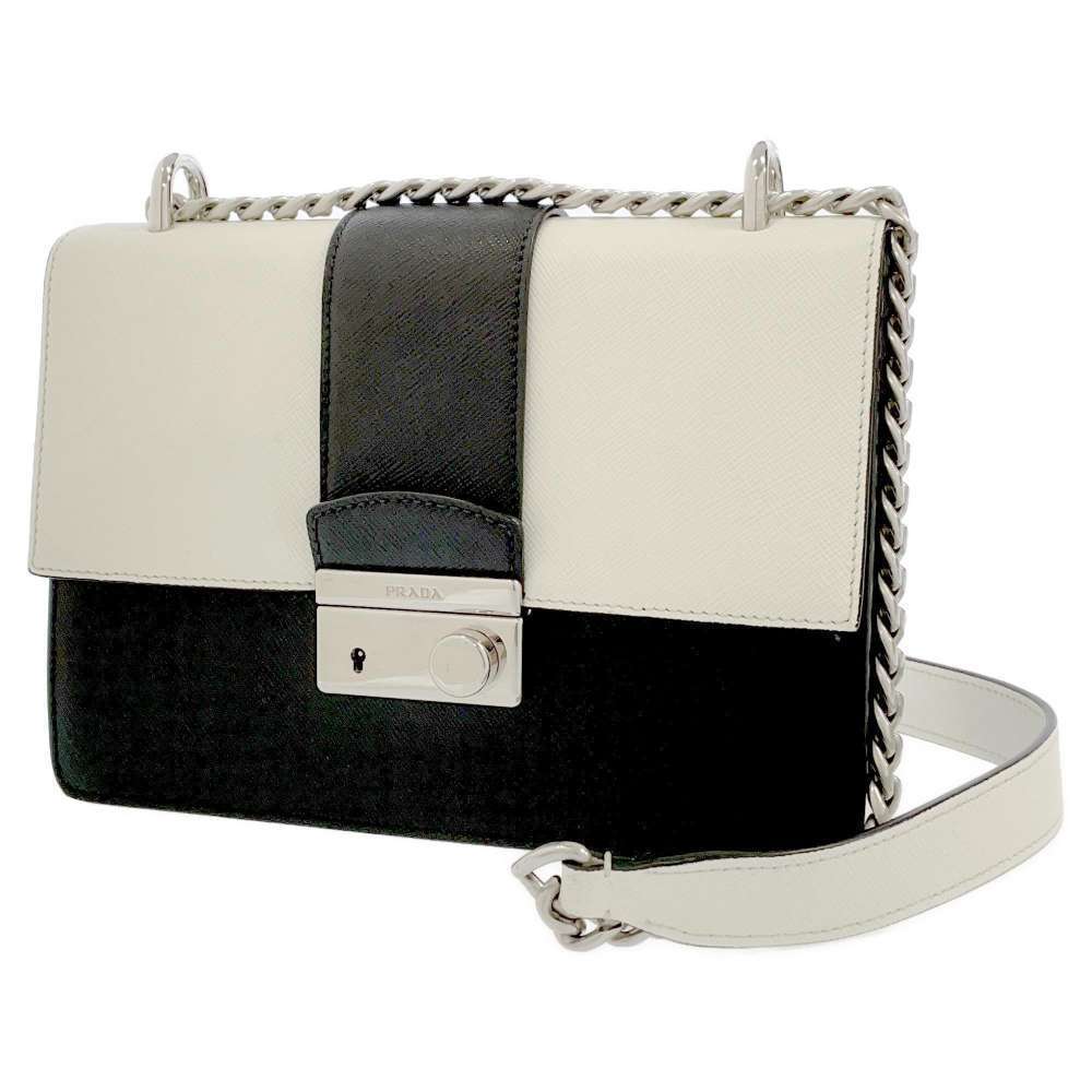 Prada Chain Shoulder Bag Saffiano Leather White Black